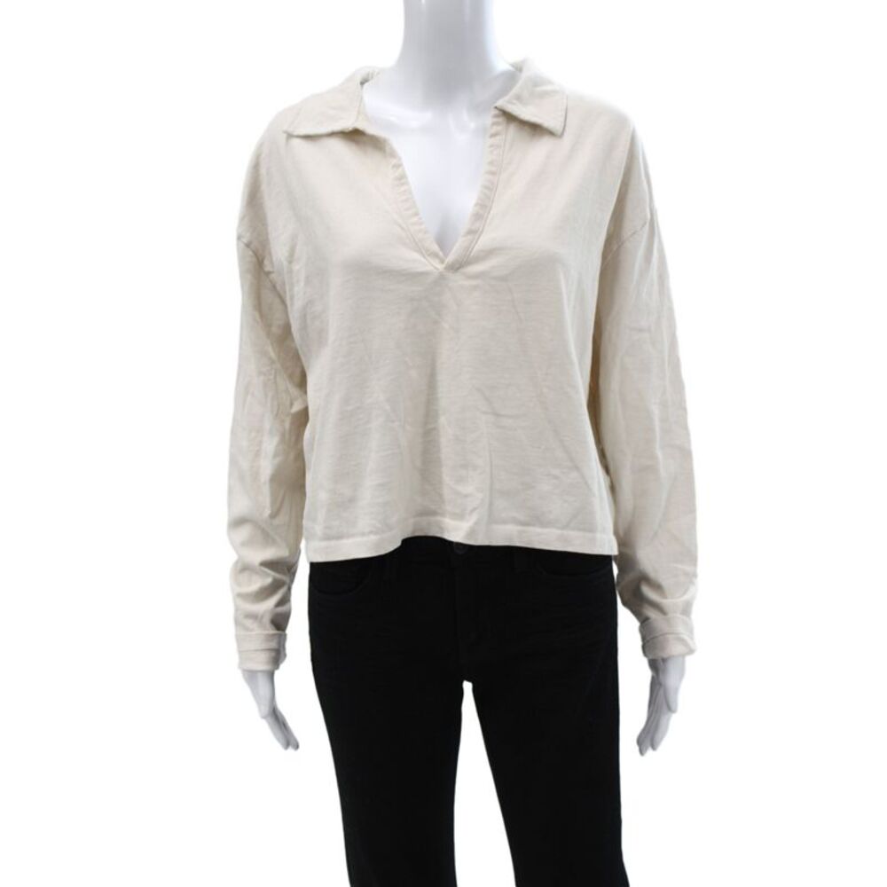 Perfect White Tee Womens Beige Cropped Collared Polo Long Sleeve Cotton Size XS